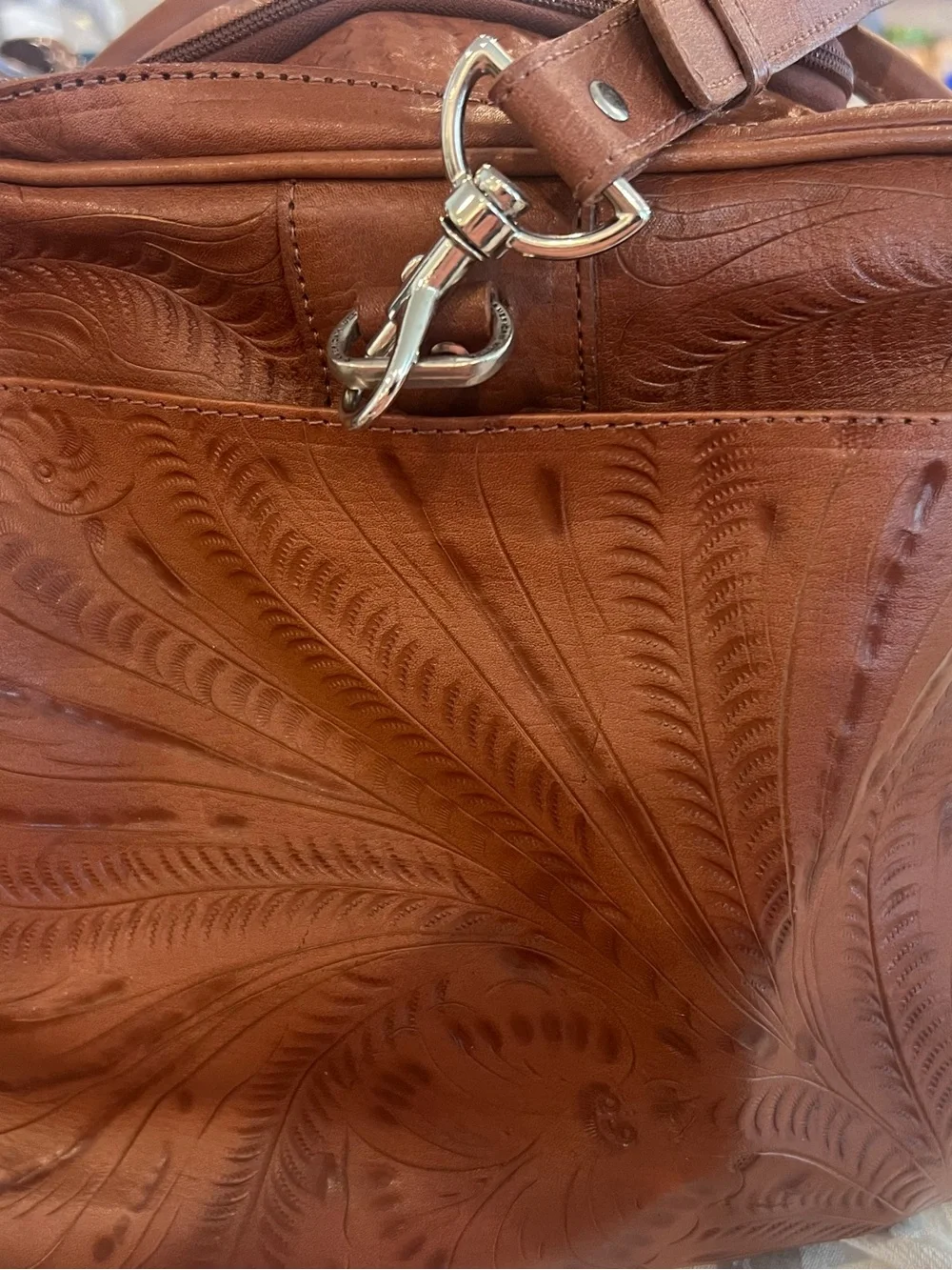 American West Tooled Leather Duffel Bag in Chestnut Brown